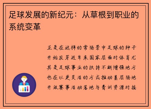 足球发展的新纪元：从草根到职业的系统变革