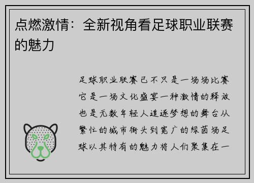 点燃激情：全新视角看足球职业联赛的魅力