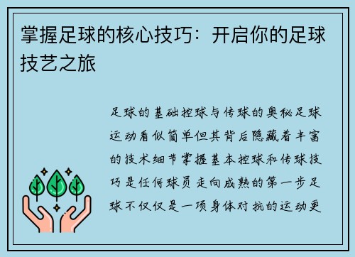 掌握足球的核心技巧：开启你的足球技艺之旅